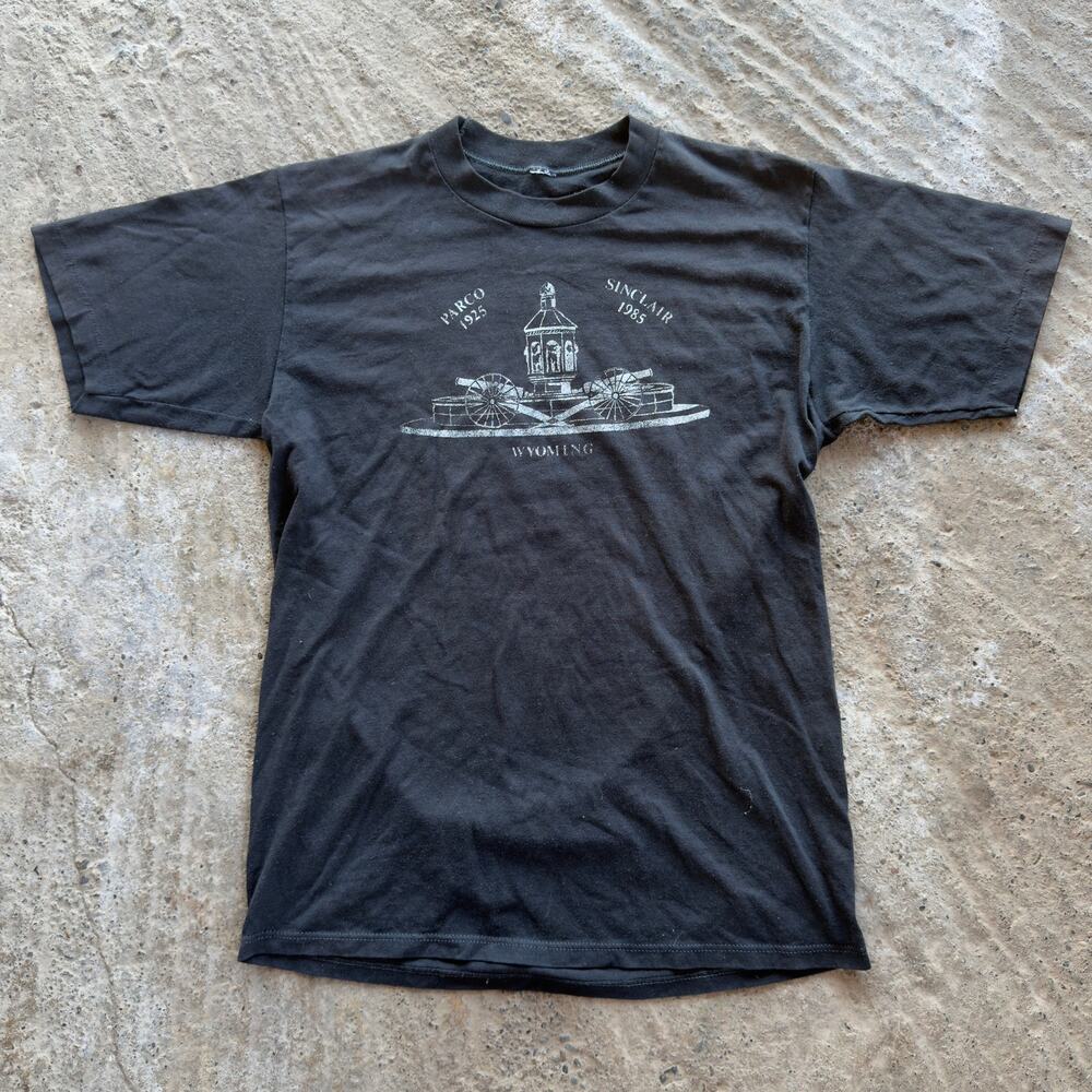 Vintage 80s Sinclair Parco Wymonig Shirt Black Graphic Tee Thin Men's Medium